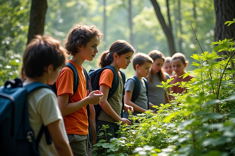 Groupe en tour éducatif découvrant la biodiversité forestière